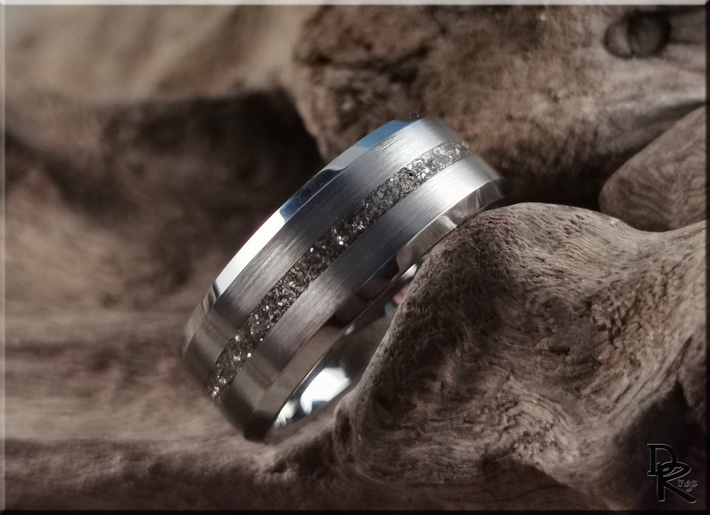 DR Rings tungsten ring with meteorite featuring a brushed silver finish and textured center inlay