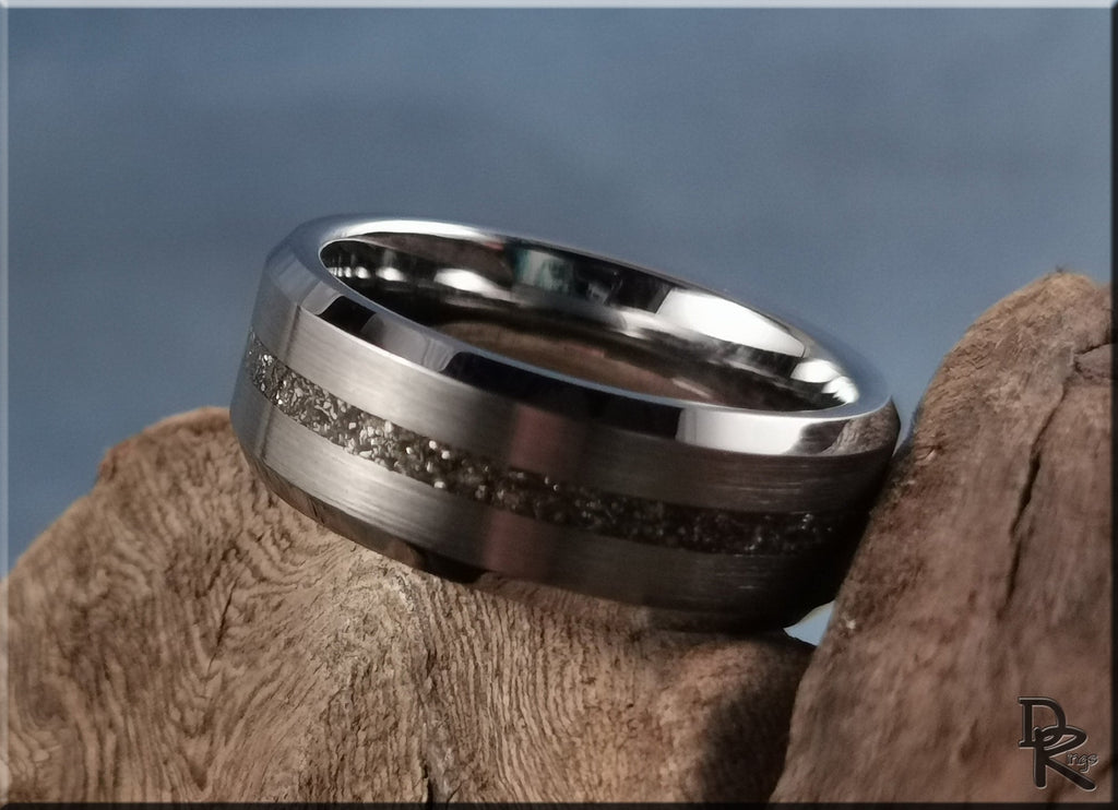 DR Rings tungsten ring with meteorite inlay featuring a sleek brushed metal finish