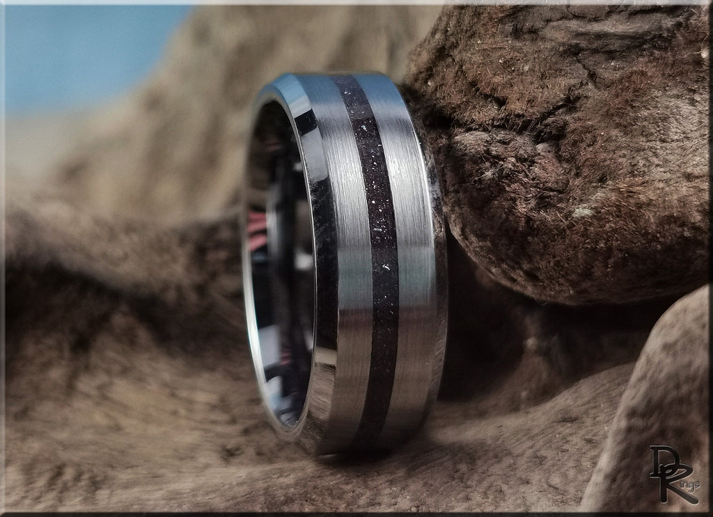 Tungsten ring with meteorite inlay featuring a brushed finish and polished edges by DR Rings