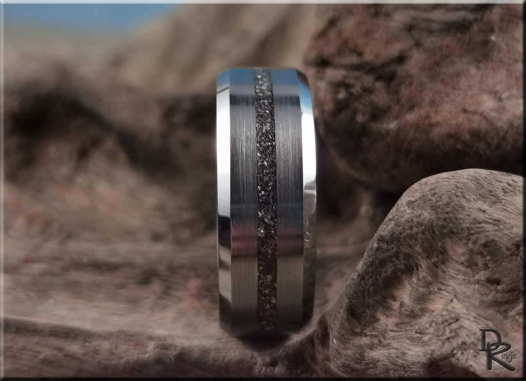 DR Rings tungsten ring with meteorite inlay featuring a brushed silver finish and rugged texture