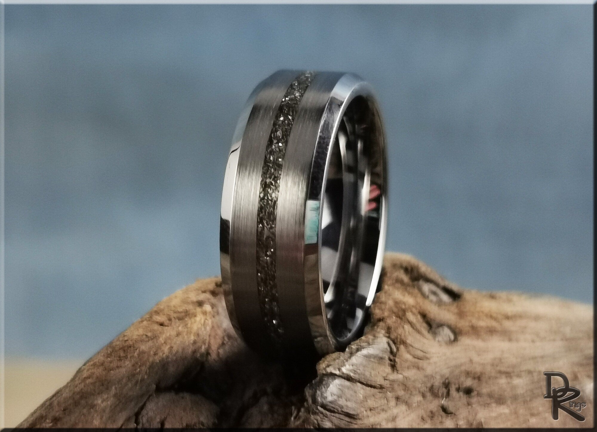 Tungsten ring with meteorite inlay featuring a brushed silver finish from DR Rings