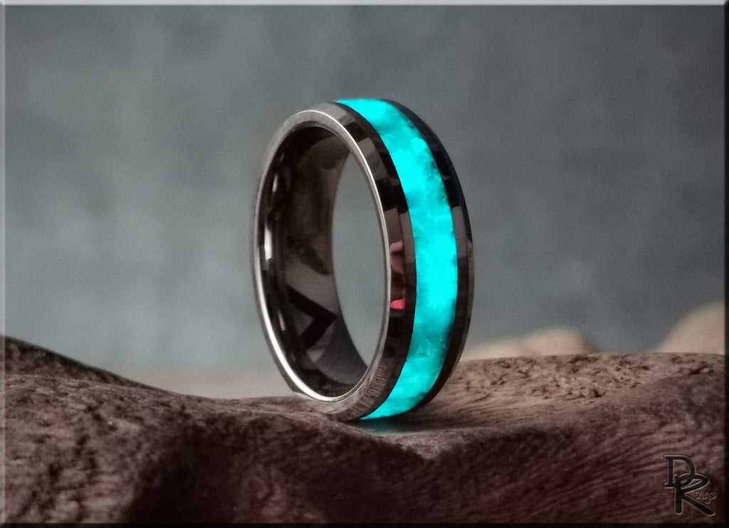 Tungsten ring with opal and glow blue light band on textured surface by DR Rings