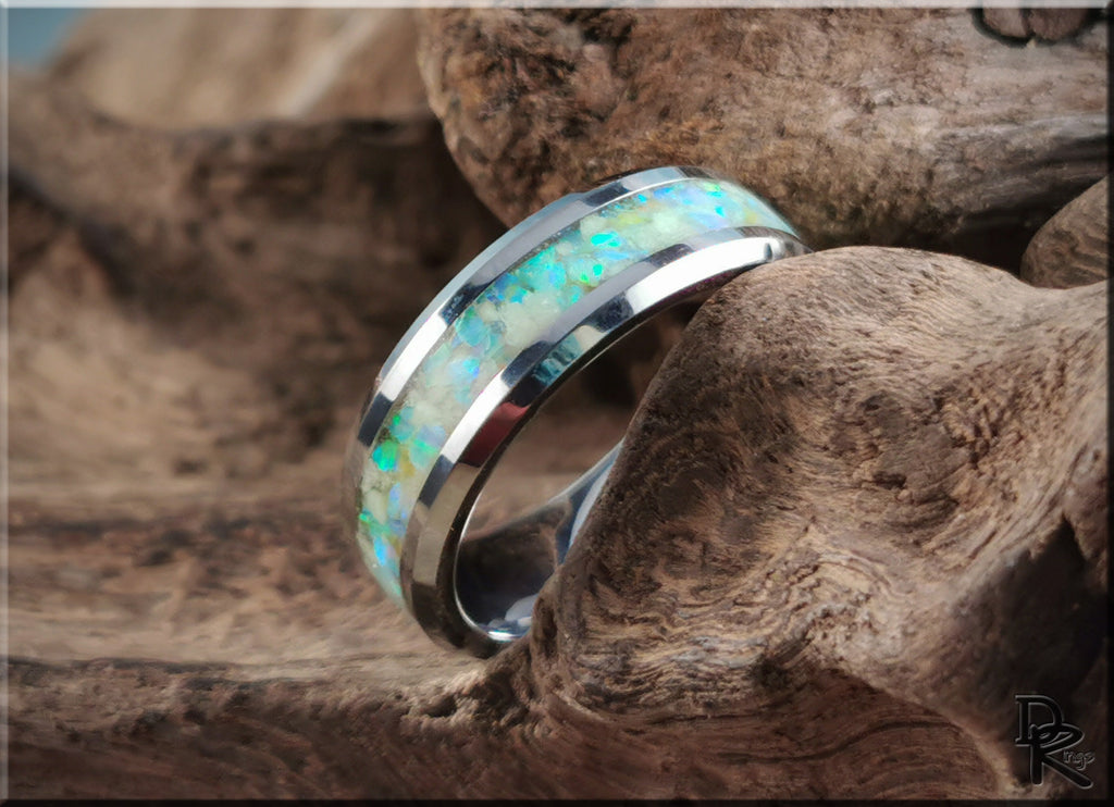 DR Rings tungsten ring with opal and glow inlay featuring blue and green iridescent colors