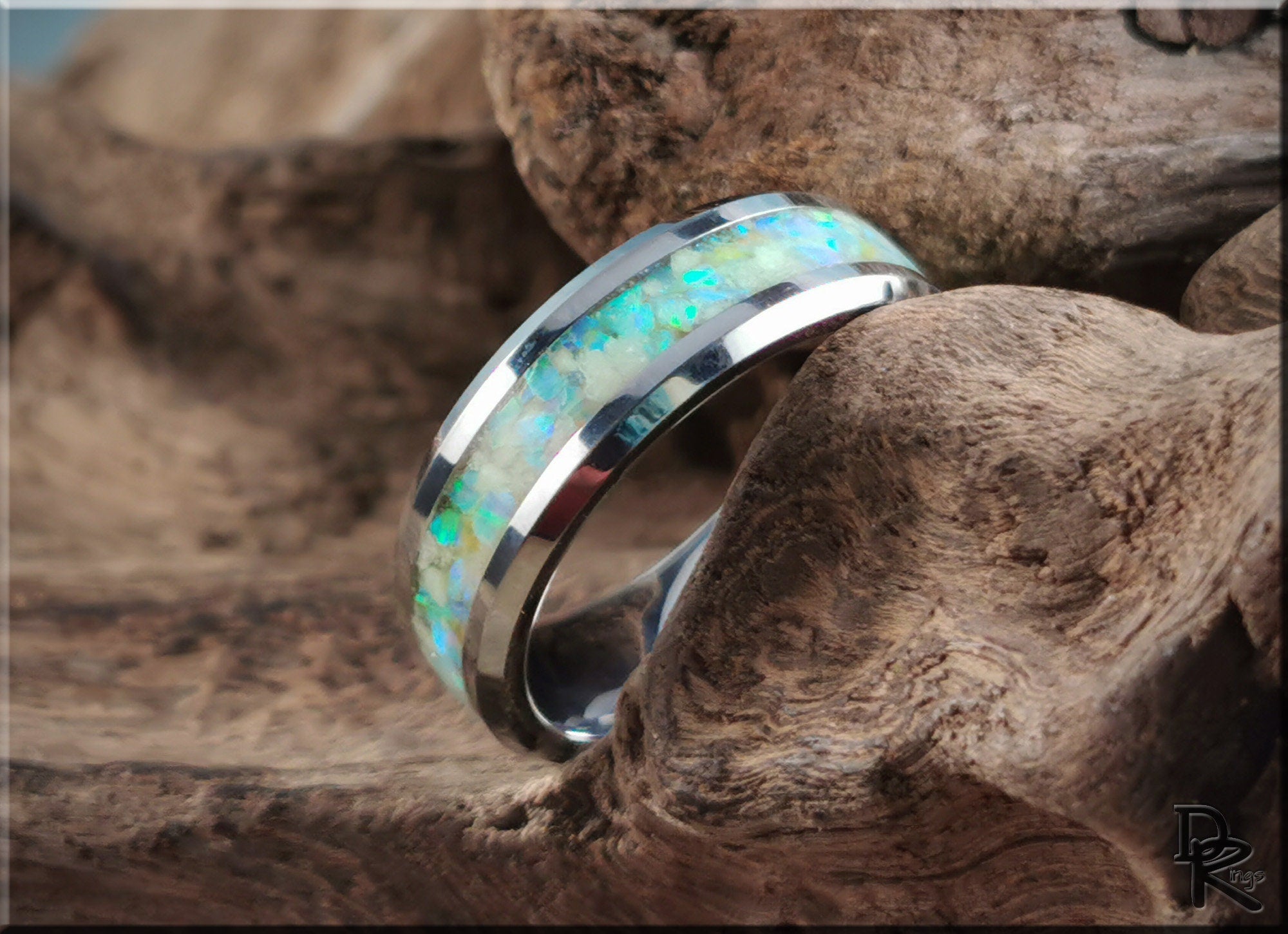 DR Rings tungsten ring with opal and glow inlay featuring blue and green iridescent colors