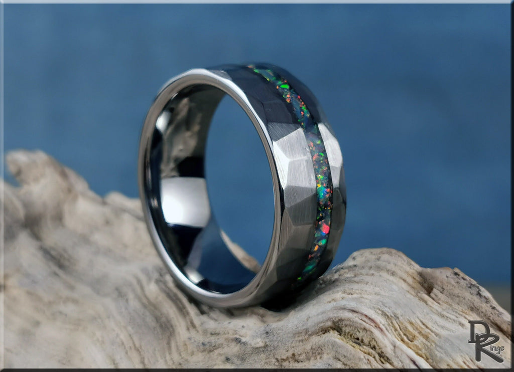 DR Rings tungsten ring with opal inlay featuring a faceted silver design and colorful opal accents