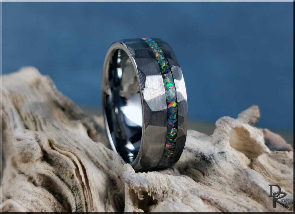 DR Rings tungsten ring with opal inlay featuring a faceted silver band and colorful opal strip