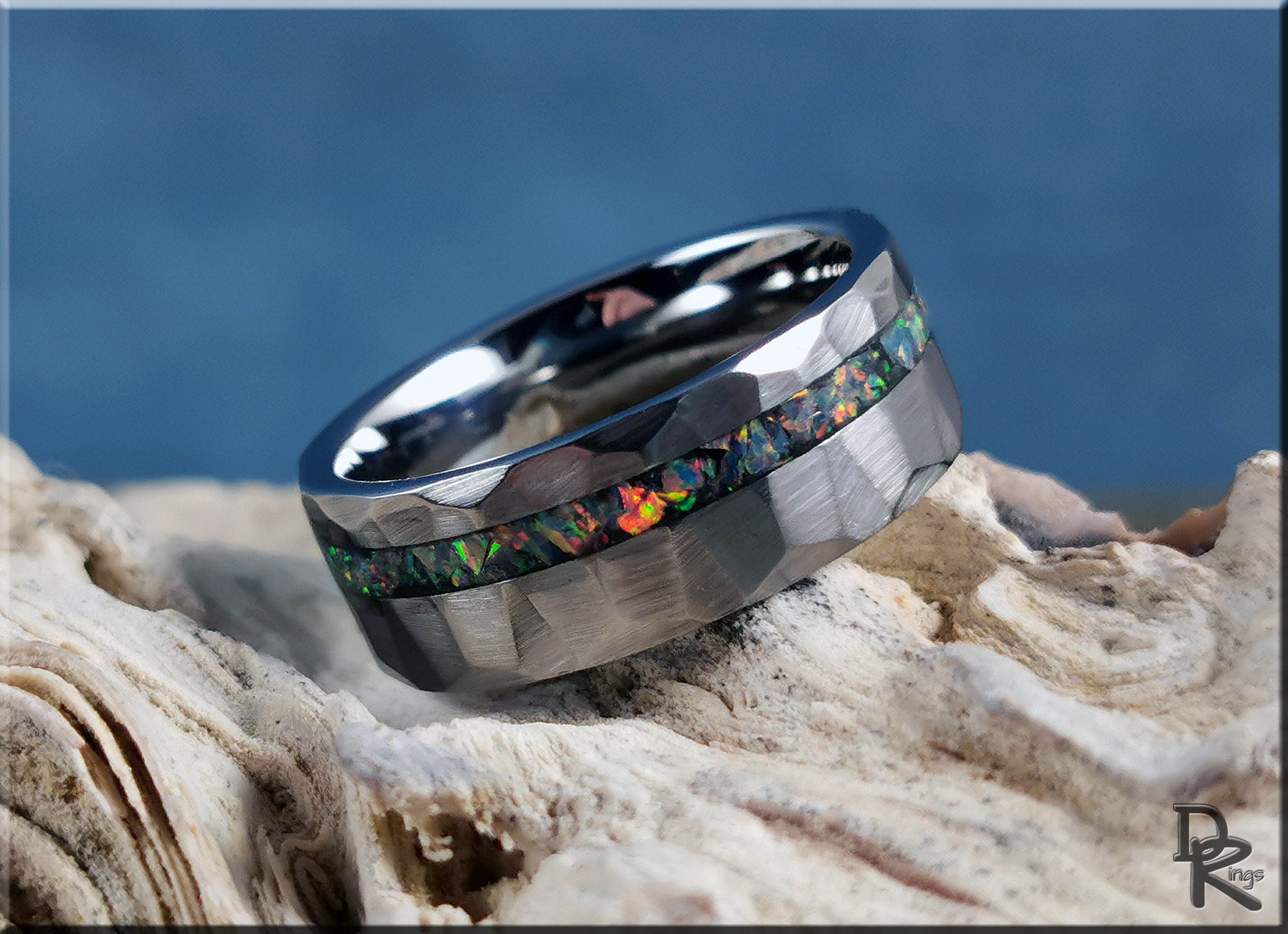 Tungsten ring with opal inlay featuring a hammered texture and colorful opal center band by DR Rings