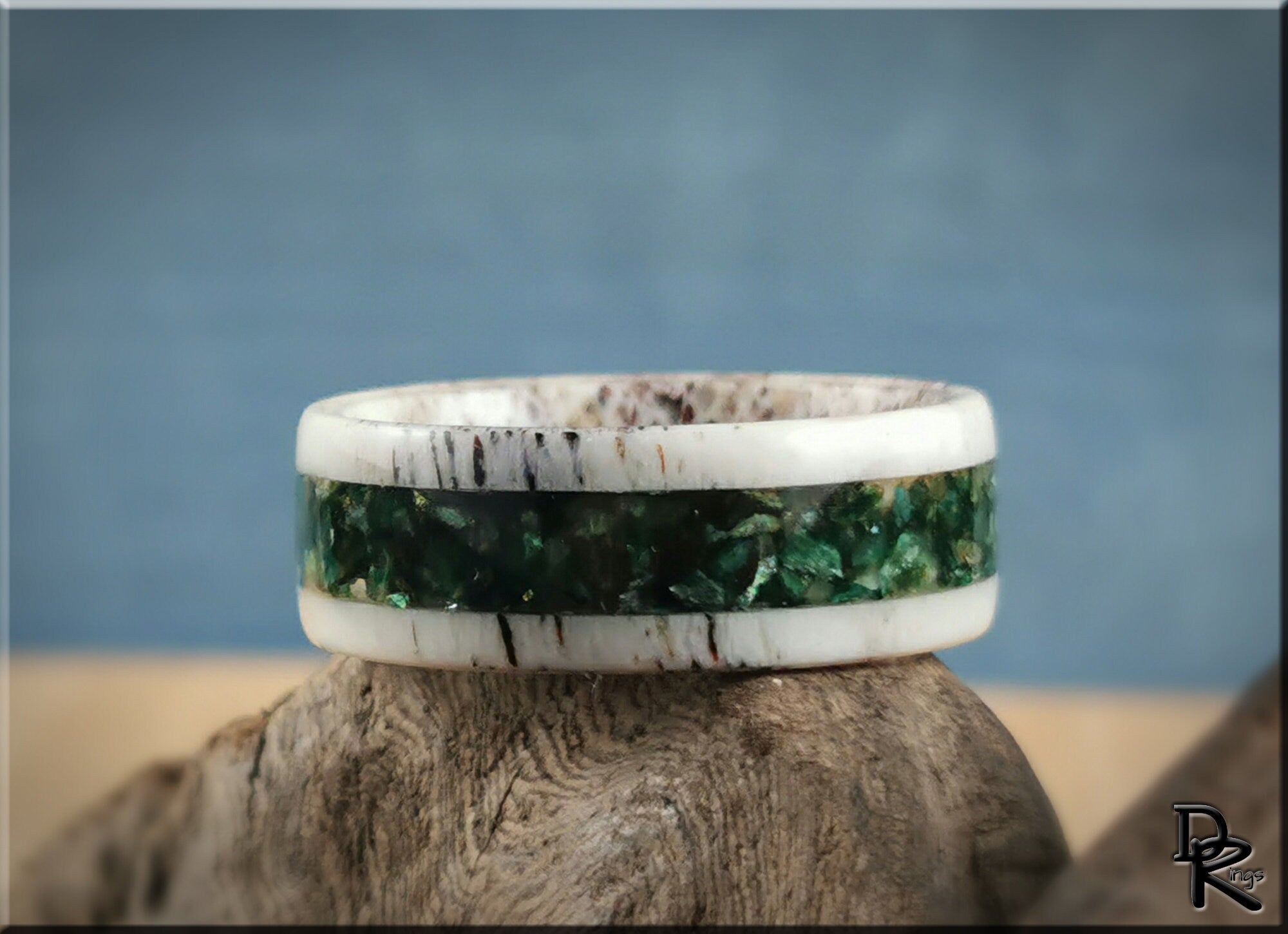 Antler ring with mica by DR Rings featuring green mica inlay and natural antler bands