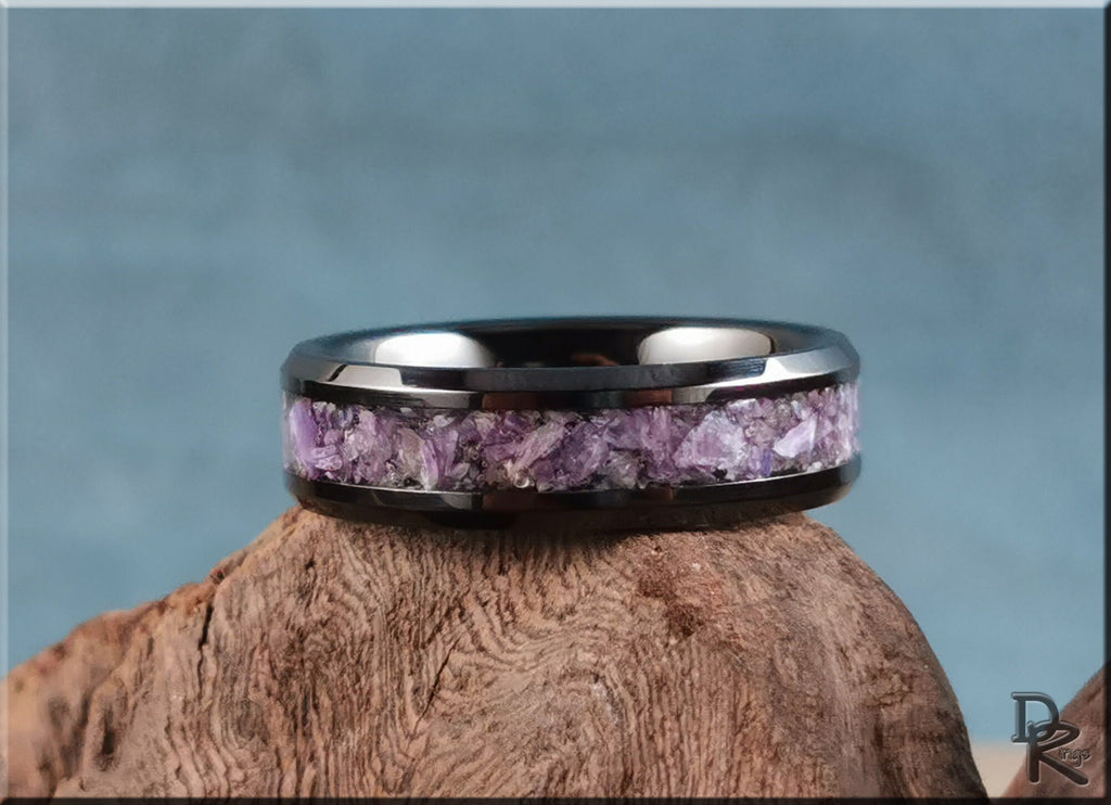 Ceramic ring with charoite featuring purple stone inlay on a sleek black band by DR Rings