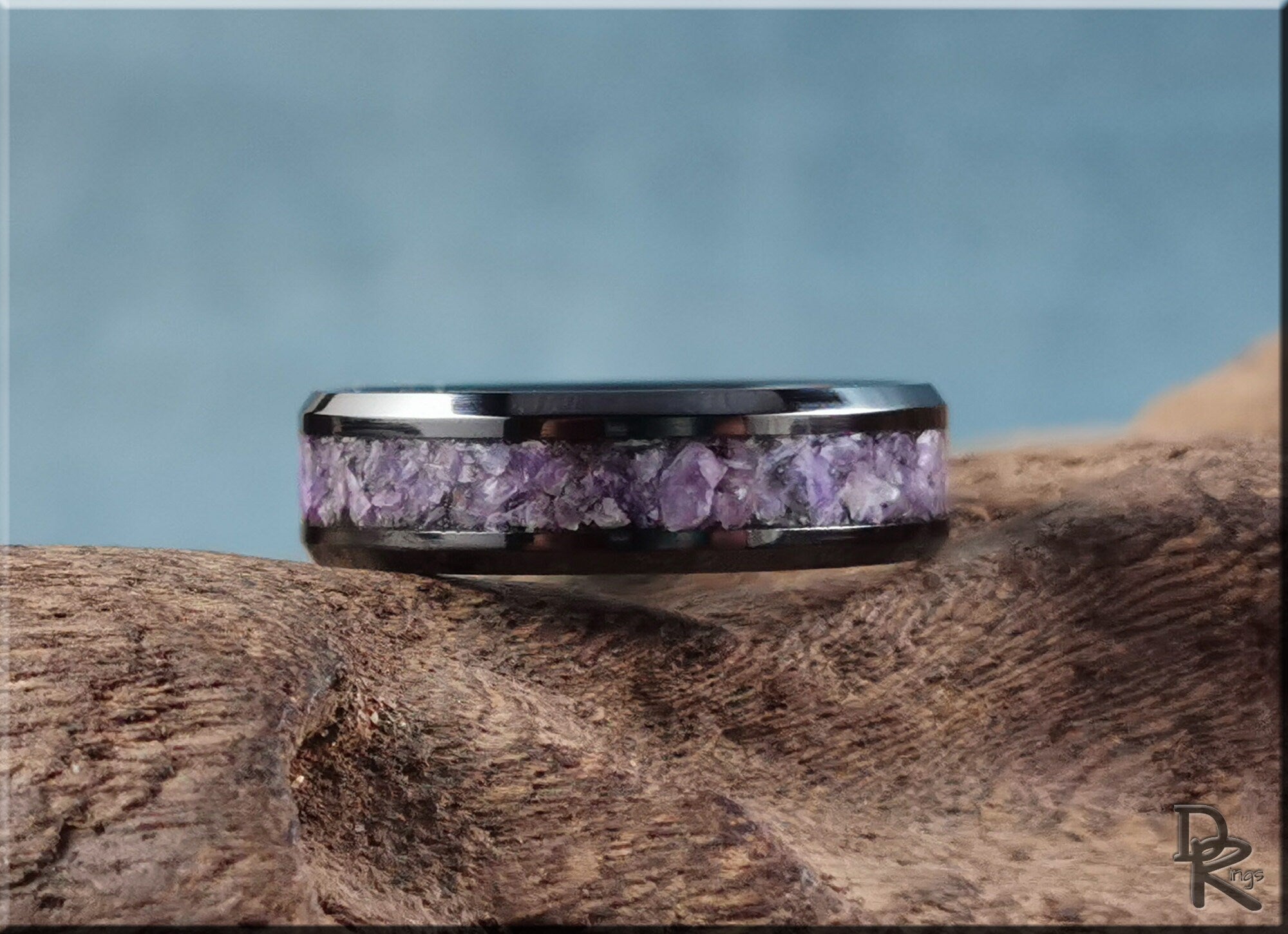 Ceramic ring with charoite featuring purple stone inlay on black band by DR Rings