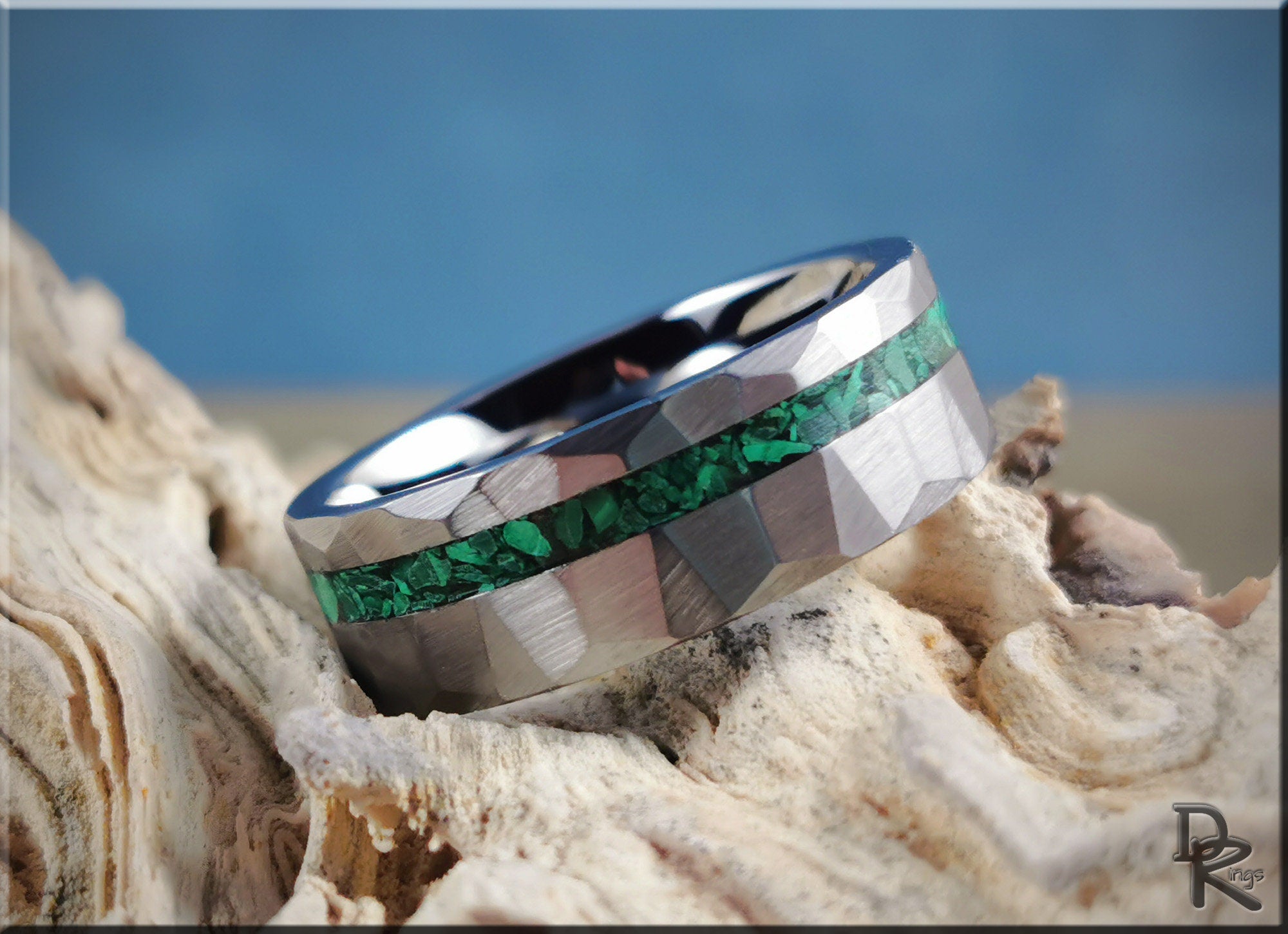 Hammered tungsten ring with malachite inlay by DR Rings featuring a textured silver band and green stone detail