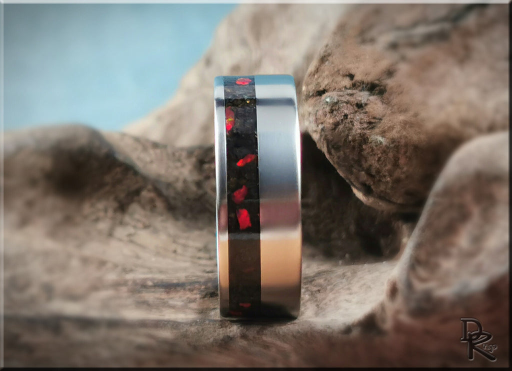 DR Rings titanium ring with inlay featuring a black and red detailed center design on a polished silver band