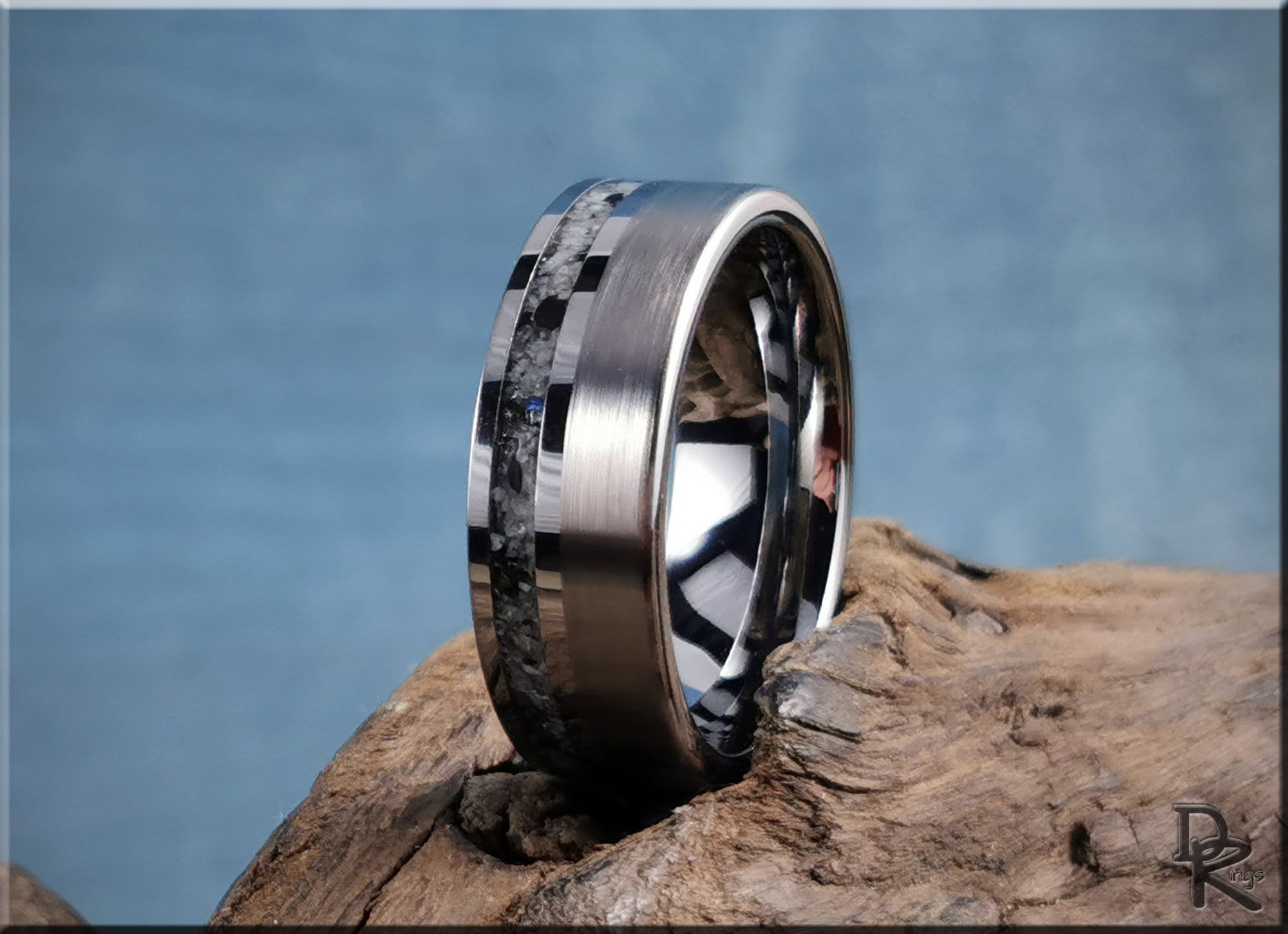 DR Rings tungsten carbide ring with moonstone featuring a brushed silver finish and dark inlay