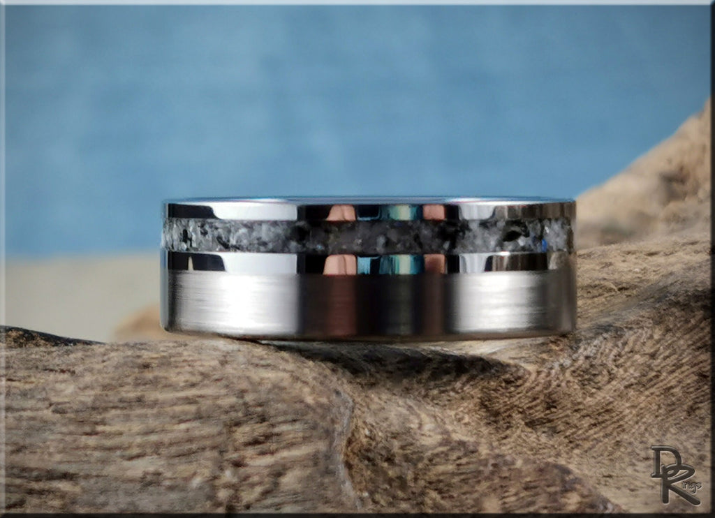 DR Rings tungsten carbide ring with moonstone inlay featuring polished and textured finishes