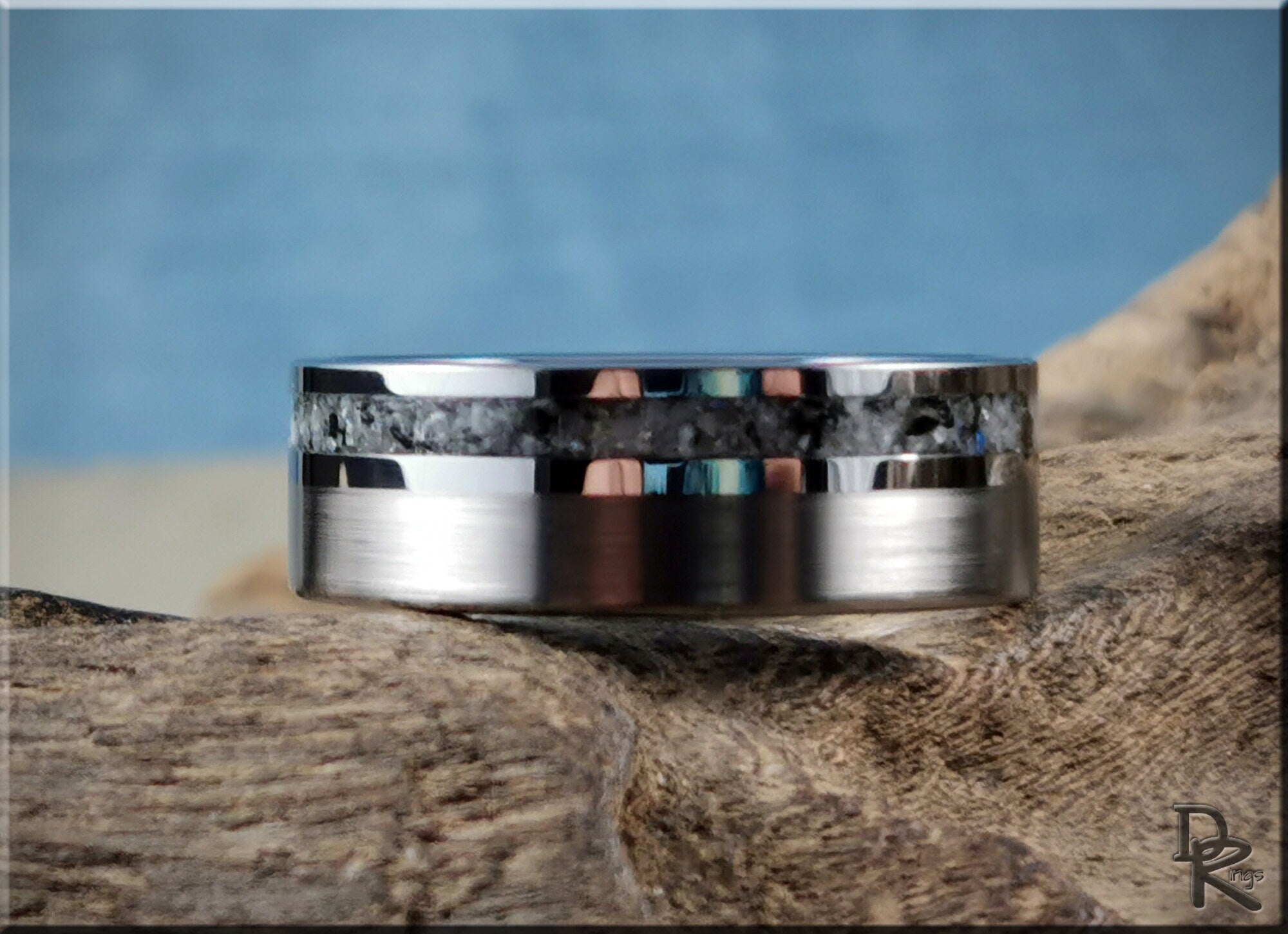 DR Rings tungsten carbide ring with moonstone inlay featuring polished and textured finishes