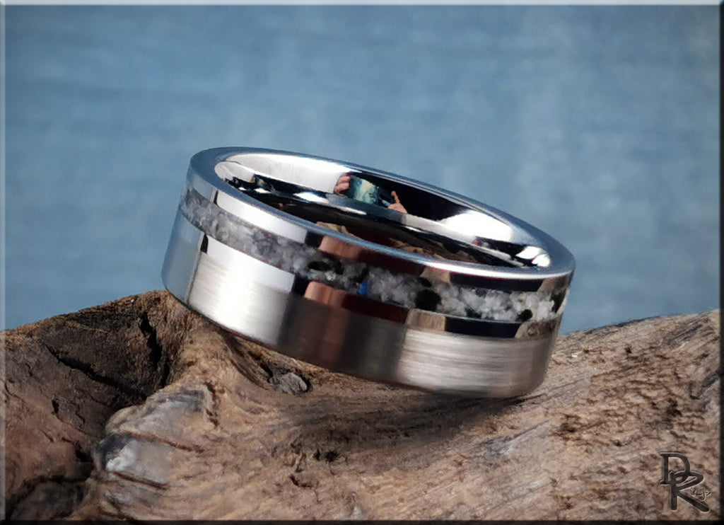 Tungsten carbide ring with moonstone featuring a polished silver band and unique inlay design by DR Rings
