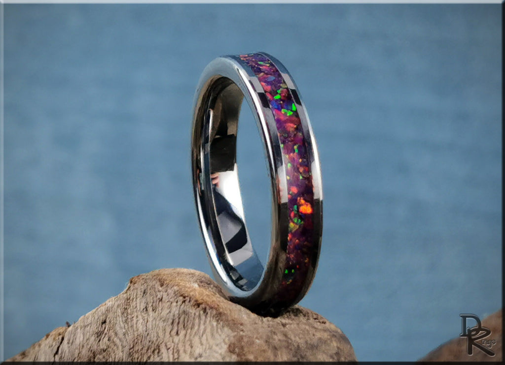 DR Rings tungsten carbide ring with opal inlay featuring vibrant multicolor opal accents