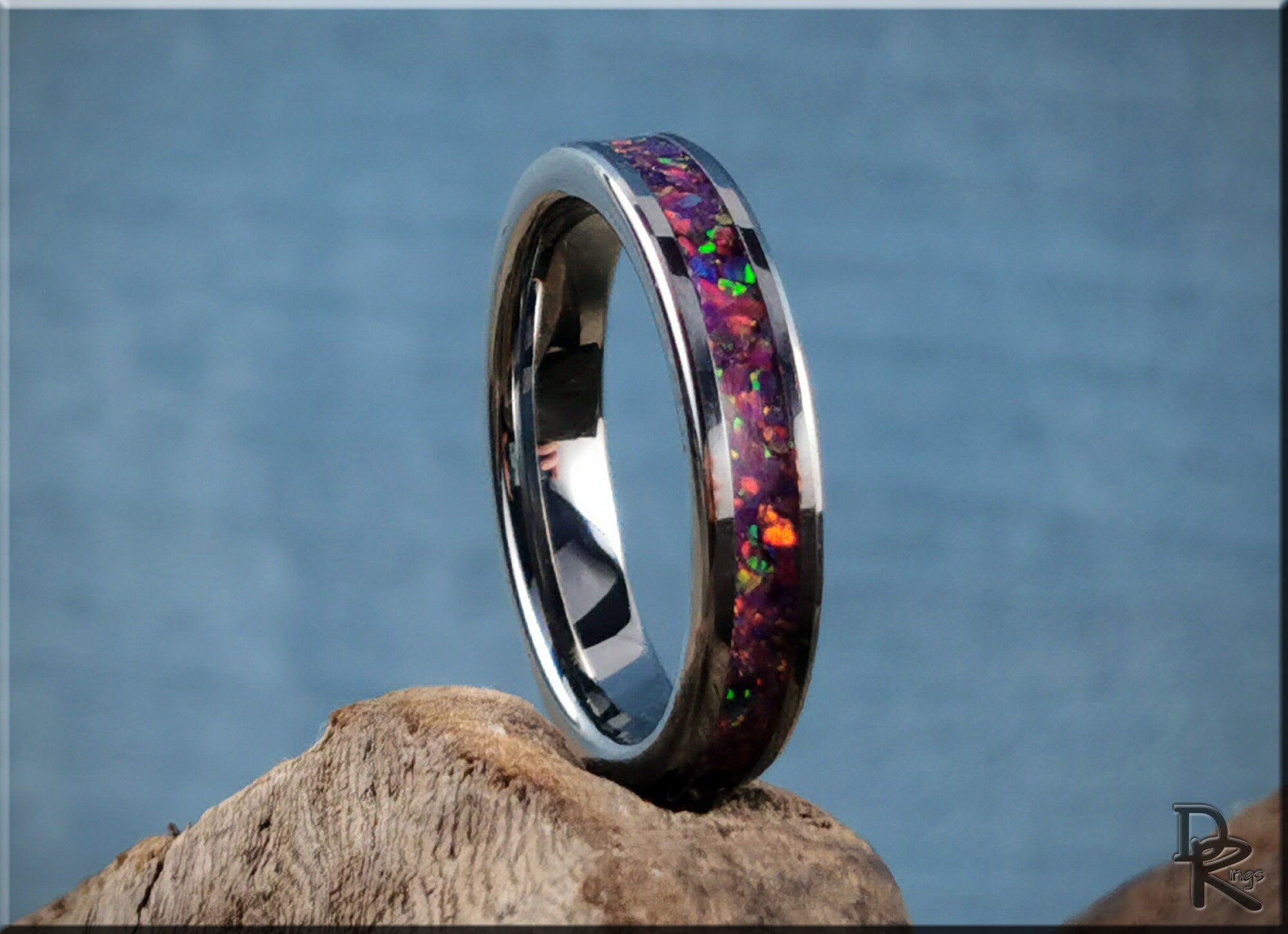 DR Rings tungsten carbide ring with opal inlay featuring vibrant multicolor opal accents