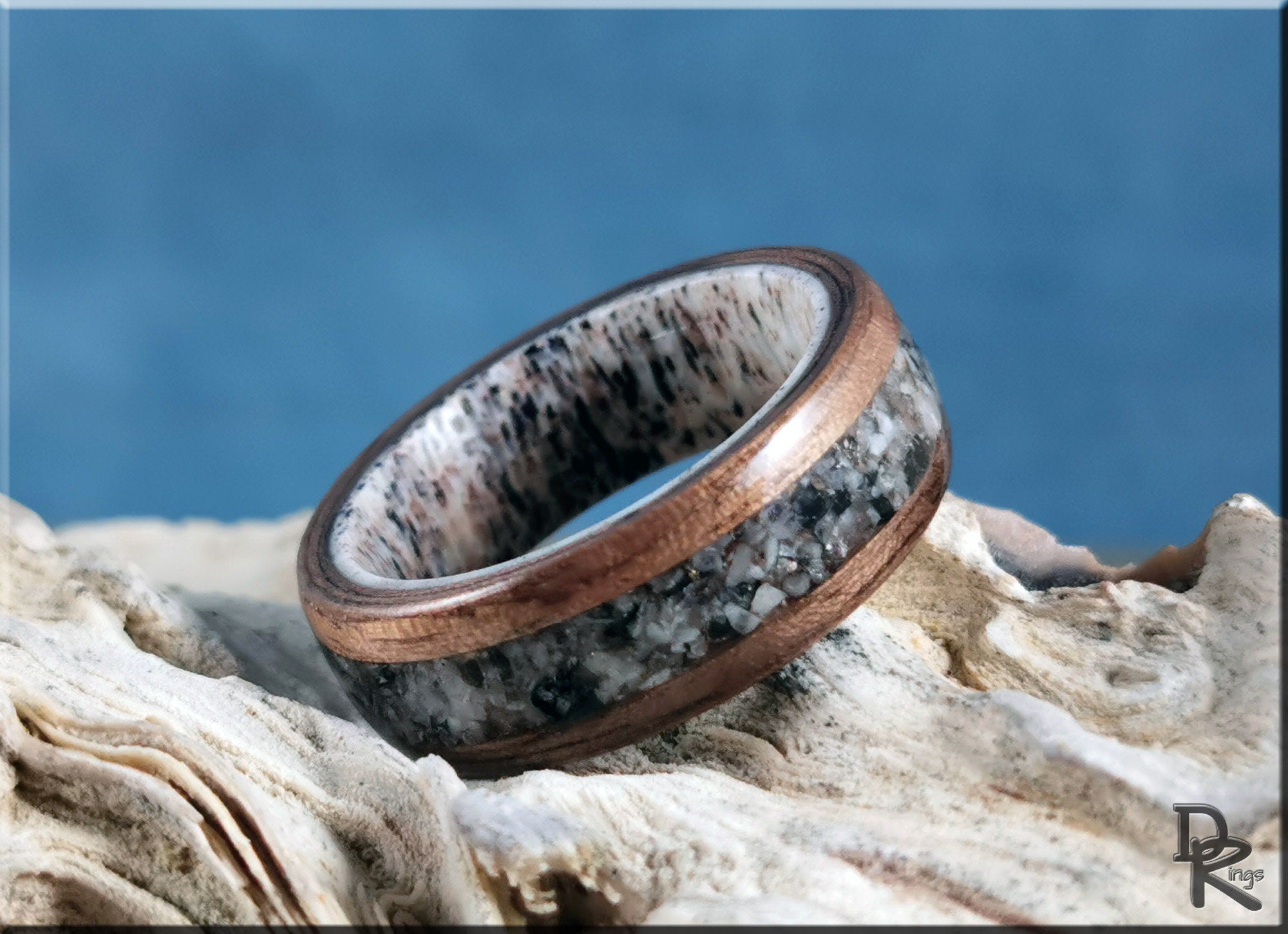 Walnut wood ring with with inlay on antler core by DR Rings featuring natural textures and fine craftsmanship