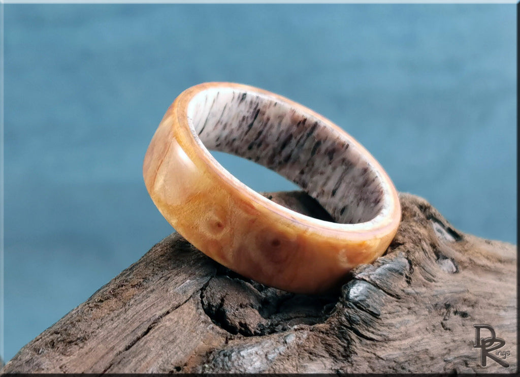 Wood ring on antler core by DR Rings displayed on rustic wooden surface with blue background