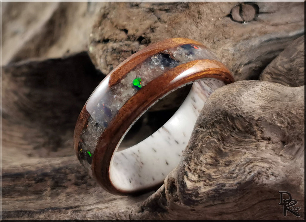 Wood ring with inlay on antler core featuring green accents and polished wood finish by DR Rings
