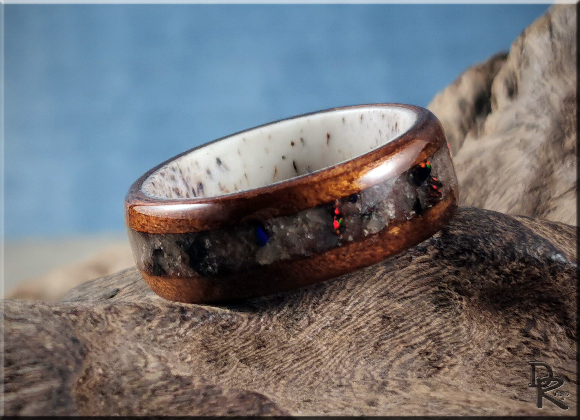 Wood ring with inlay on antler core featuring a polished wooden band and colorful stone inlay by DR Rings