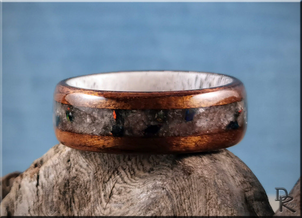 Wood ring with inlay on antler core featuring polished wood and stone inlay by DR Rings