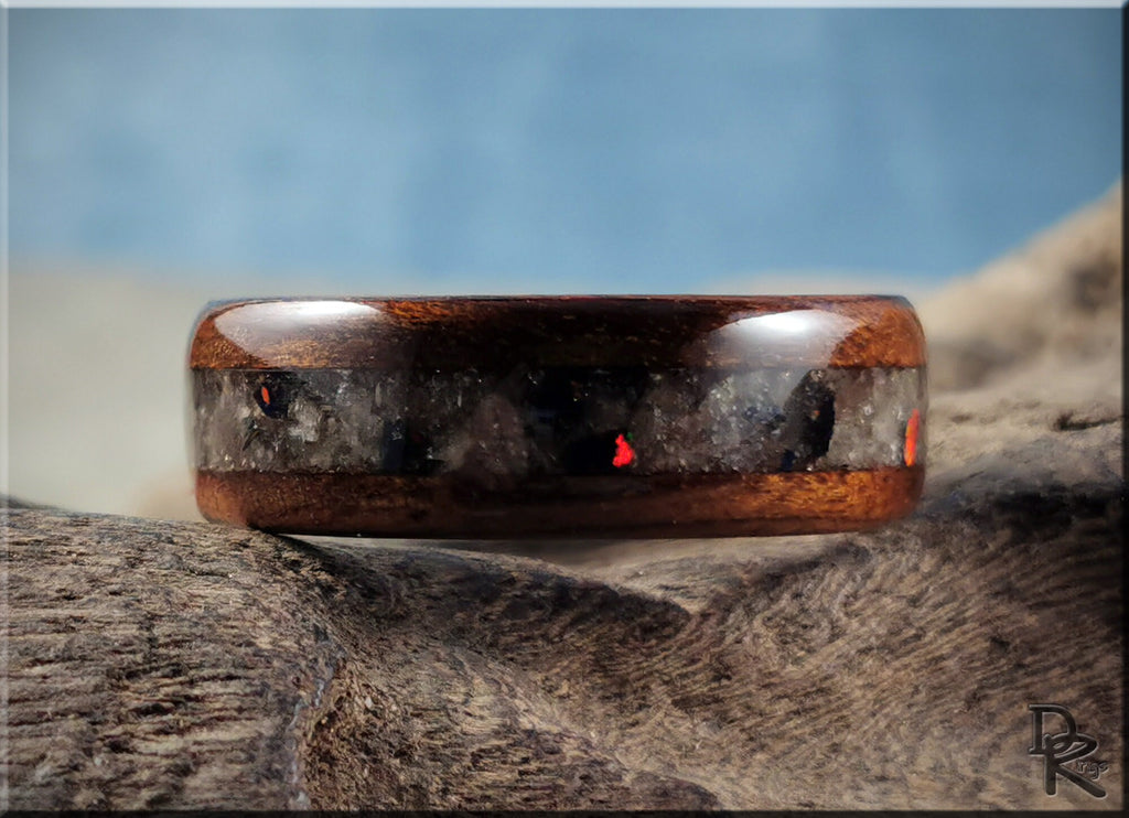 Wood ring with inlay on antler core featuring rich brown wood and subtle red accents by DR Rings