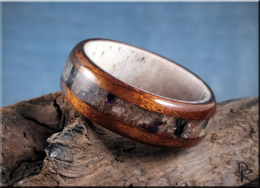 Wood ring with inlay on antler core by DR Rings showcasing polished wood and natural antler design