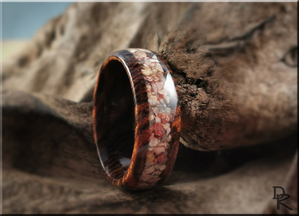 DR Rings wood ring with inlay featuring polished multicolor stone inlay and rich wooden band
