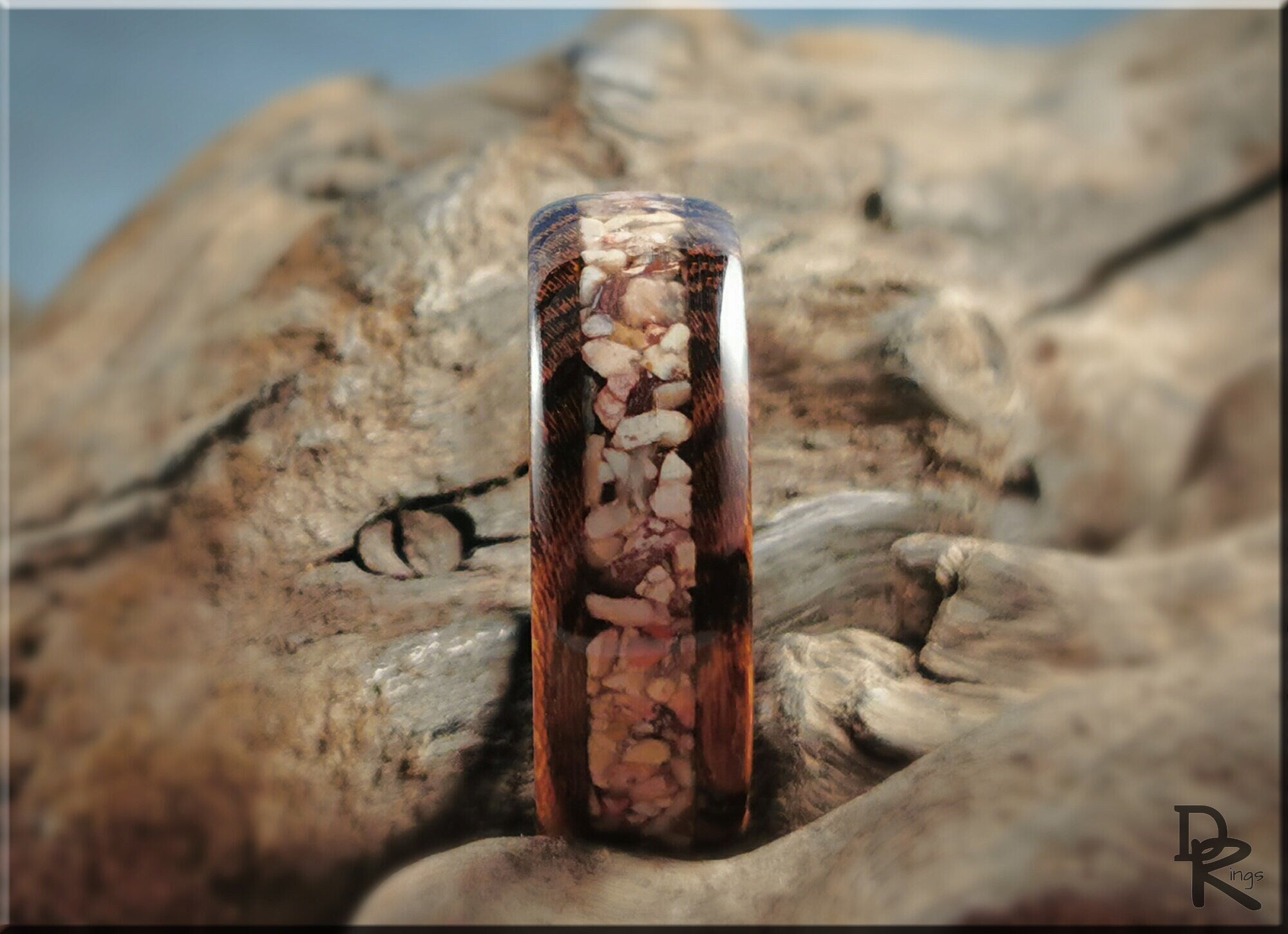 DR Rings wood ring with inlay featuring natural stone centerpiece on polished wooden band