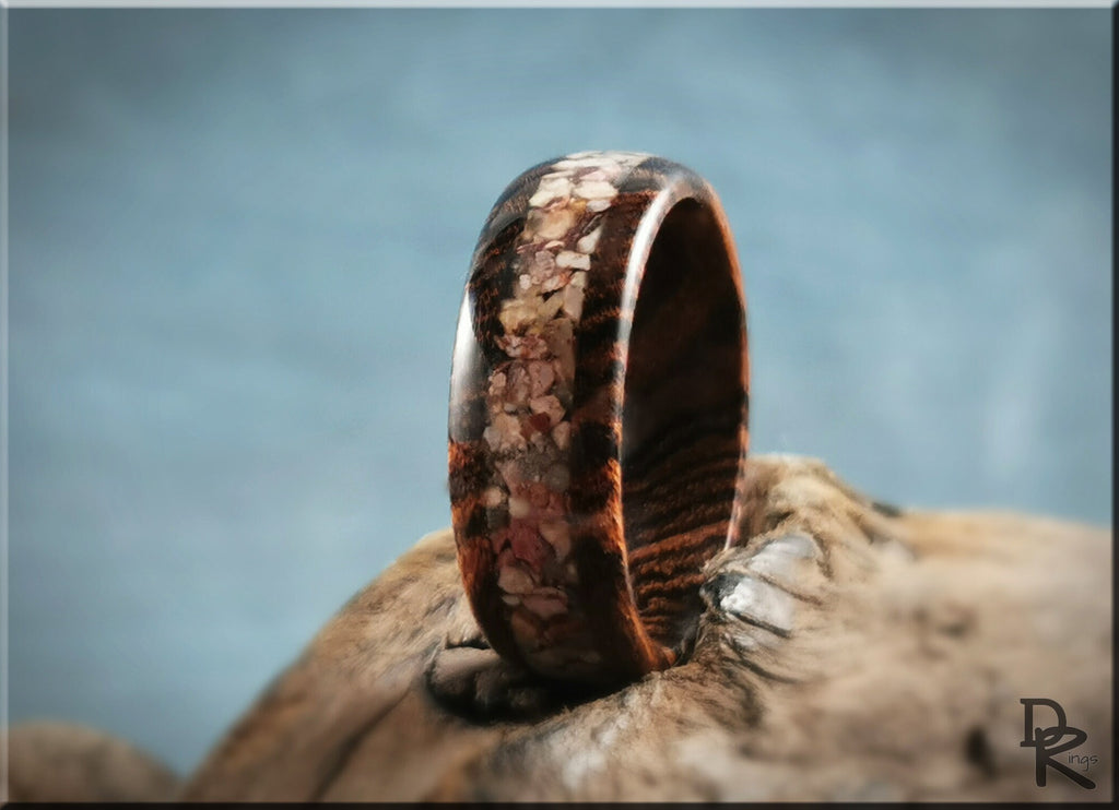 DR Rings wood ring with inlay featuring polished natural wood and stone design