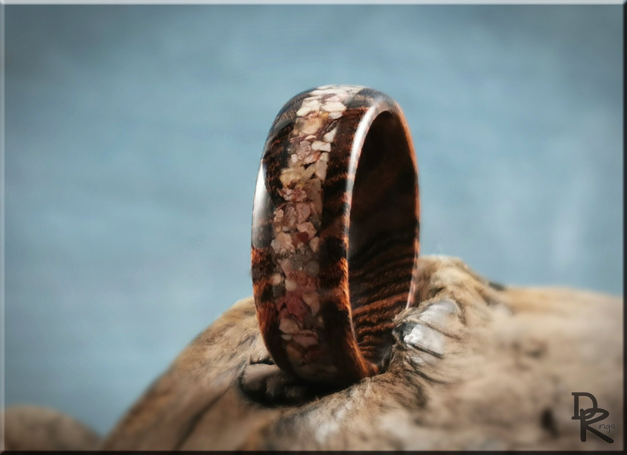 DR Rings wood ring with inlay featuring polished natural wood and stone design