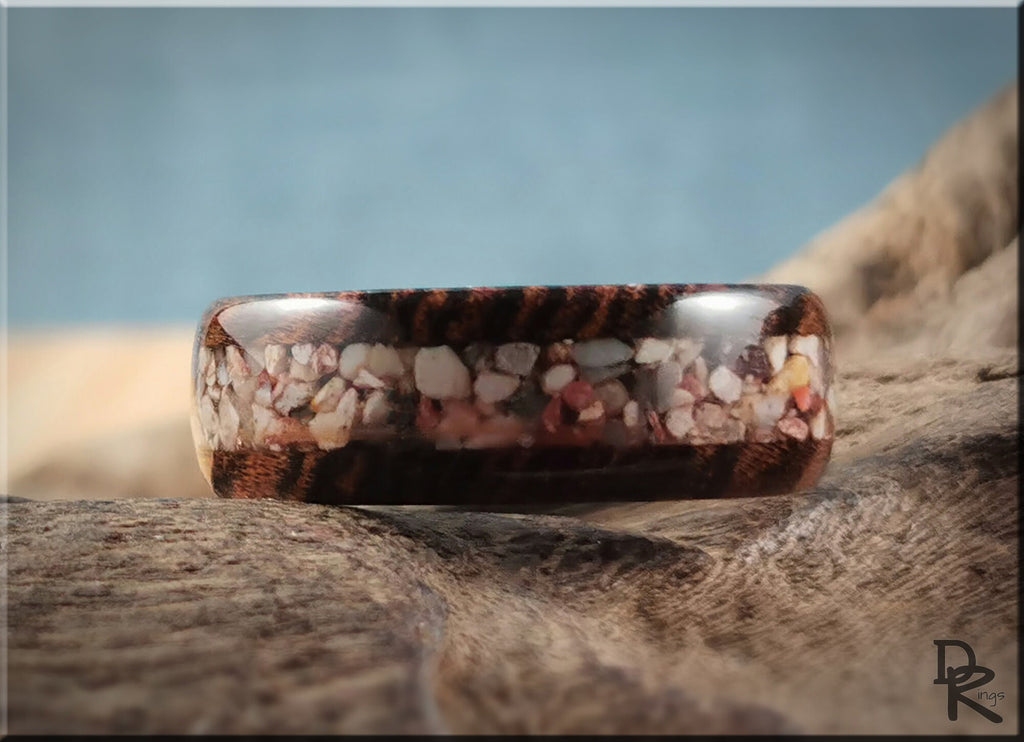 DR Rings wood ring with inlay featuring polished wood and embedded natural stone pieces