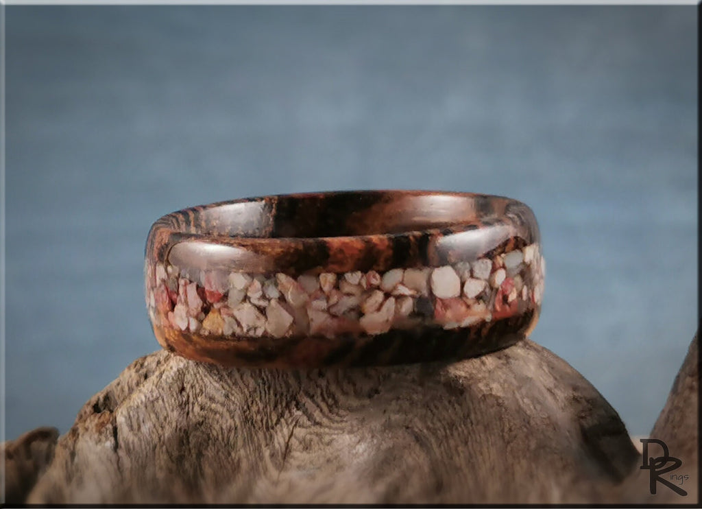 Wood ring with inlay featuring natural stone design on polished dark wood by DR Rings